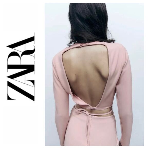 NWT Zara Long Sleeve Crop Top with Bow in Pale Pink, Size XS - Picture 1 of 16